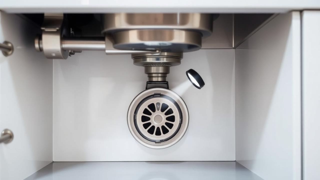 Under-sink view of a stainless steel garbage disposal unit being inspected with a flashlight