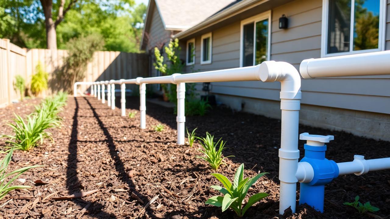 Backyard greywater irrigation system with PVC distribution pipes feeding mulched garden beds next to a home