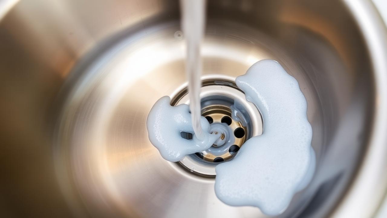 Stainless steel kitchen sink with soapy water backed up around a clogged drain strainer