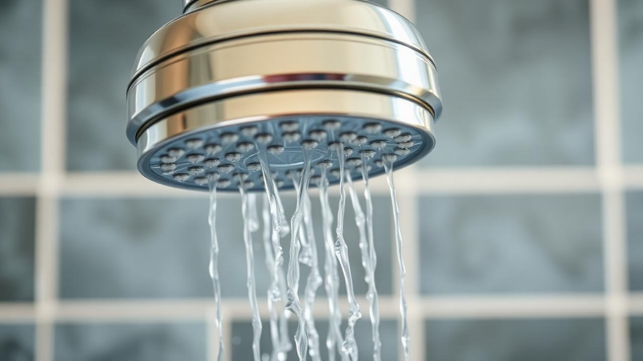 Close-up of a chrome showerhead with weak trickle of water against a tiled shower wall