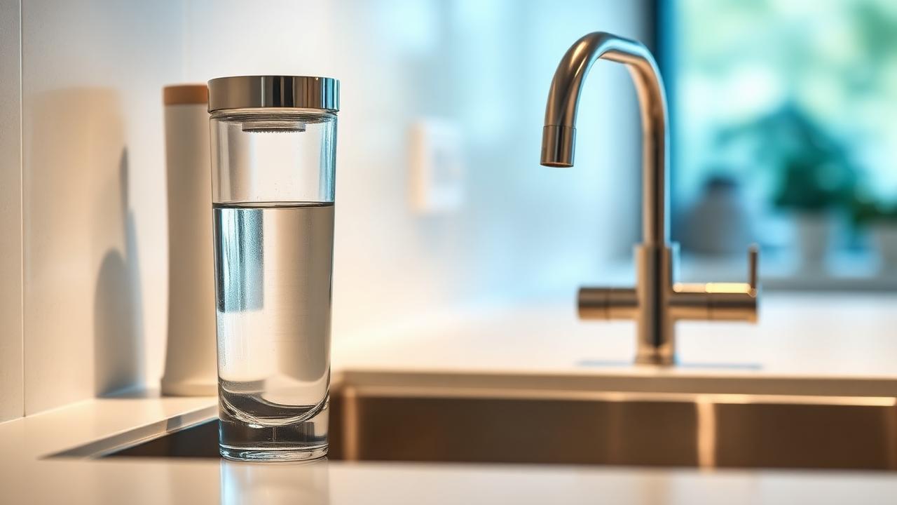 Clear glass of filtered tap water on a bright kitchen counter next to an under-sink water filtration system