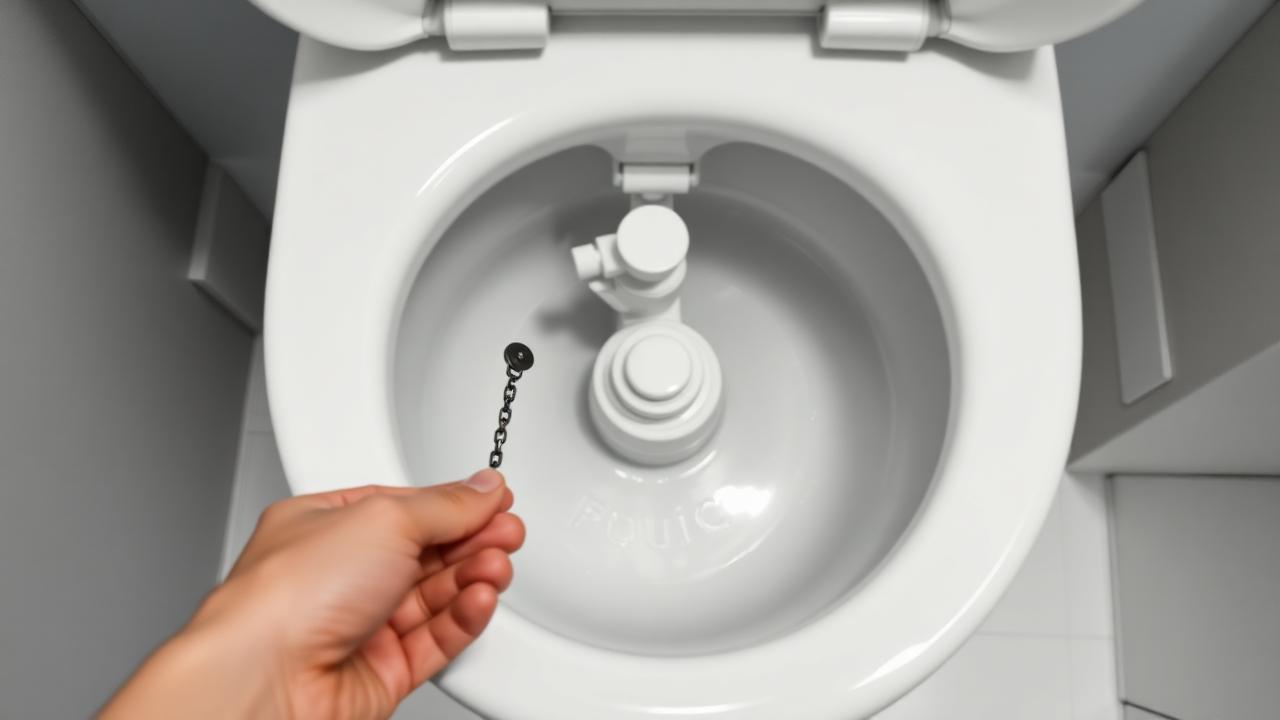 Open toilet tank showing flapper, fill valve and float with a hand adjusting the chain