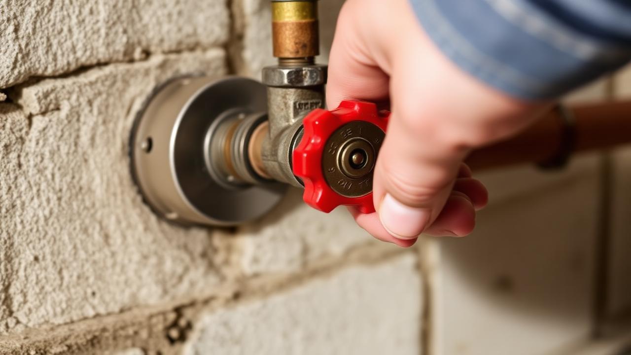 Homeowner's hand turning a red gate-style main water shut-off valve on a copper pipe in a basement