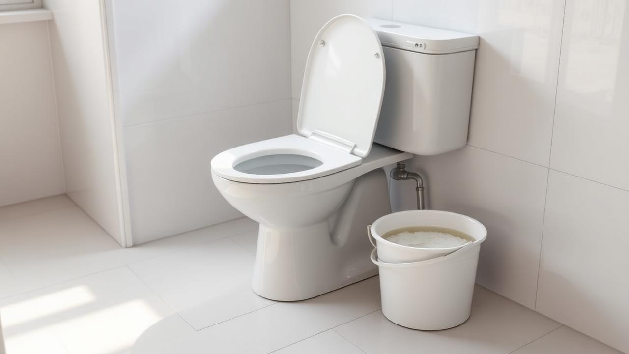 Modern white residential toilet with a bucket of warm soapy water beside it on a clean tile bathroom floor