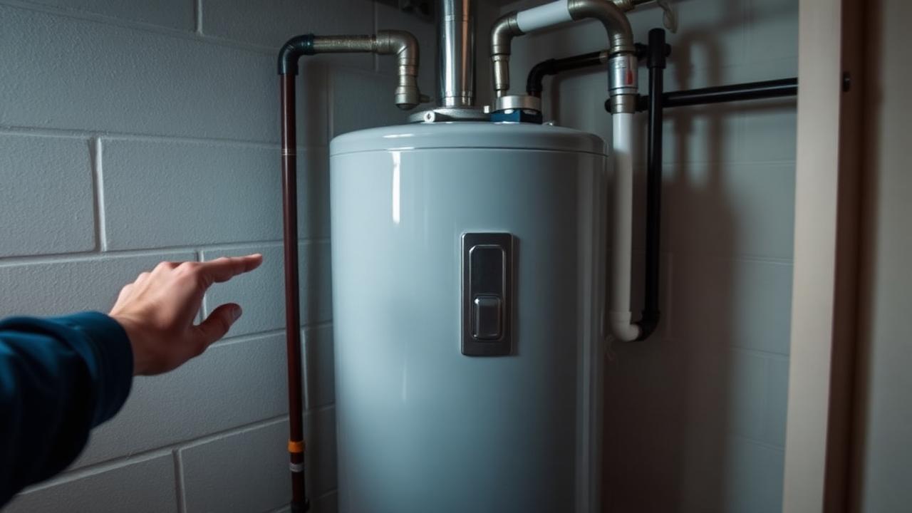 Plumber's hand touching the side of a residential water heater tank in a clean basement utility room