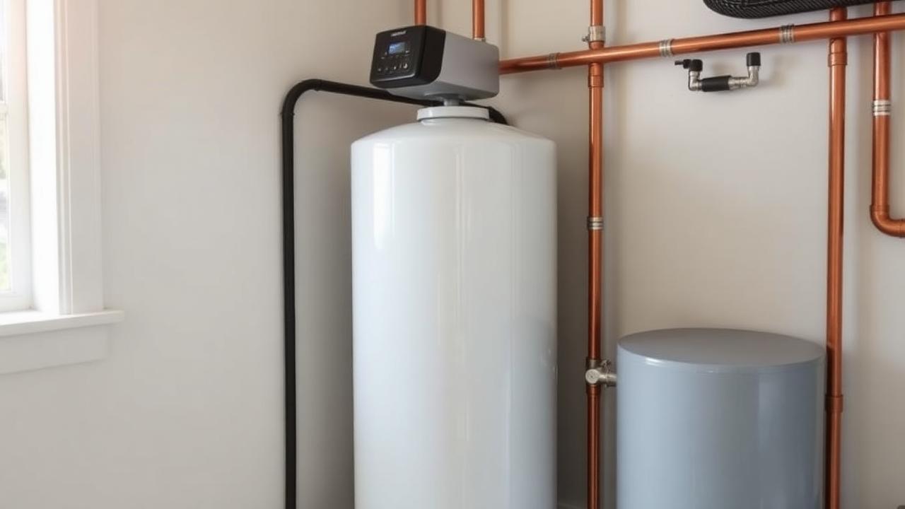 Modern whole-house water softener tank with brine container installed in a utility room next to copper plumbing